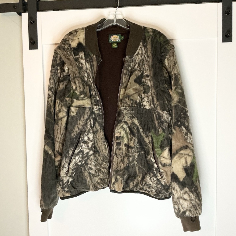Cabelas Mens Camo Fleece Jacket Size L Removable Arms Full Zip‎ *see Description